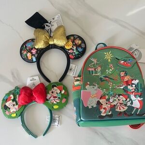 Disney Parks Christmas Loungefly Mini Backpack + 2 Holiday Ears NWT